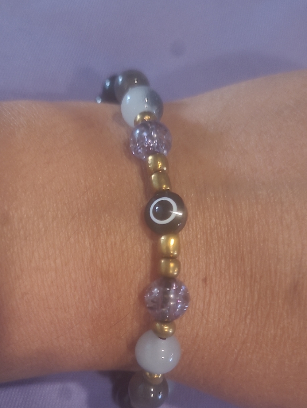 Hand Made Lavender and Gold Beaded Stretch Bracelet with Black Accent